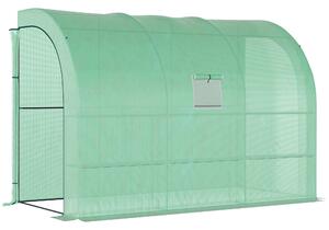 Outsunny Walk-In Lean to Wall Greenhouse with Windows and Doors 2 Tiers 6 Wired Shelves 300L x 150W x 215Hcm Green Aosom UK