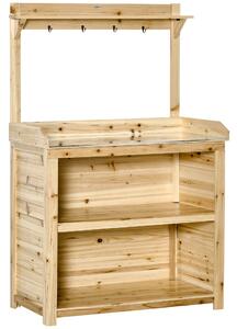 Outsunny Garden Potting Bench Table, Wooden Workstation Bench w/ Galvanized Metal Tabletop, Storage Shelves and Hooks, Natural