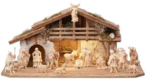 Wooden Alpine Nativity scene with light and 19 figures