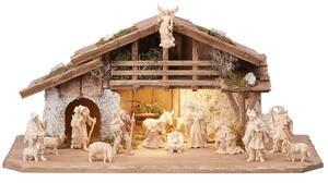 Wooden Alpine Nativity scene with light and 15 figures