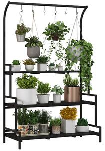 Outsunny 3 Tiered Plant Rack with Hanging Hooks, Tall Plant Stand for Indoor Outdoor Porch Balcony Use, Black