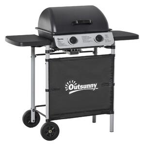 Outsunny 2 Burner Gas BBQ Trolley with Lid, 5.6 kW Gas Barbecue Grill with Wheels, Side Shelves, Grey