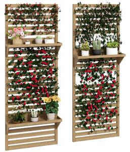 Outsunny Wall Mounted Plant Stands Set of 2, Fir Wood Flower Stand with Shelves and Slatted Trellis for Patio, Balcony, Porch