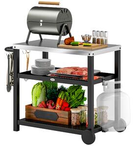 Outsunny Outdoor Grill Dining Cart 3-Shelf Movable Pizza Oven Table Stand with Stainless Steel Top, Portable BBQ Trolley Food Prep Outdoor Kitchen BBQ Station with Hooks Wheels Handle, Charcoal Grey