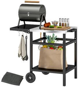 Outsunny BBQ Trolley with Stainless Steel Top and Foldable Side Table, Outdoor Kitchen BBQ Station with Hooks and Shelf, Pizza Oven Table Movable Outdoor Grill Dining Cart with Cover, Black