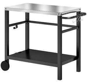 Outsunny Outdoor Grill Dining Cart 2-Shelf Movable Pizza Oven Table Stand with Stainless Steel Top, Portable BBQ Trolley Food Prep Outdoor Kitchen BBQ Station with Hooks Wheels Handle, Charcoal Grey