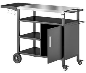 Outsunny Outdoor BBQ Trolley with Foldable Side Table, Stainless Steel Top, Outdoor Kitchen with Wheels Hooks Shelves Cabinet, Pizza Oven Table Movable Outdoor Grill Dining Cart with Cover, Black