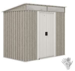 Outsunny 6.5 x 4FT Galvanised Metal Shed with Foundation Kit, Lockable Tool Garden Shed with Double Sliding Doors, Vents, Light Grey Wood Effect