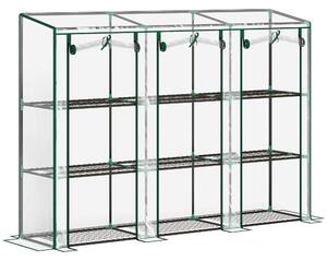 Outsunny 3 Tier Lean-to Mini Greenhouse with Reinforced Plastic Cover, Portable Small Greenhouse with 3 Roll-Up Doors, 215 x 46 x 151cm, Clear