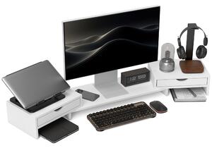 HOMCOM Dual Monitor Stand Riser with 2 Drawers, Adjustable Length and Angle, 116cm Monitor Riser for Laptop, Computer, PC, Small Printer, White