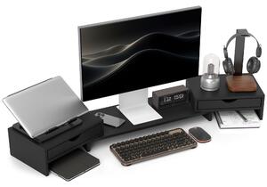 HOMCOM Dual Monitor Stand Riser with 2 Drawers, Adjustable Length and Angle, 116cm Monitor Riser for Laptop, Computer, PC, Small Printer, Black