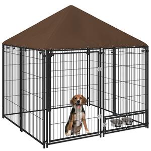 PawHut Outdoor Dog Kennel Puppy Play Pen with Canopy Garden Playpen Fence Crate Enclosure Cage Rotating Bowl 141 x 141 x 151 cm Aosom UK