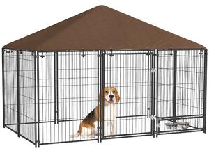 PawHut Outdoor Dog Kennel Puppy Play Pen with Canopy Garden Playpen Fence Crate Enclosure Cage Rotating Bowl 211 x 141 x 151 cm Aosom UK