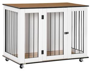 PawHut Dog Cage End Table with Five Wheels, Dog Crate Furniture for Large Sized Dogs, with Front Door Latch, Indoor Use, White Aosom UK