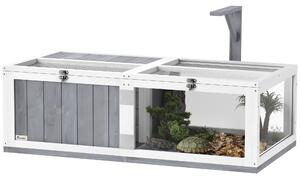 PawHut Wooden Tortoise House with Lamp Holder, Clear Observation Window, Openable Tops, Built-in Tray, Light Grey