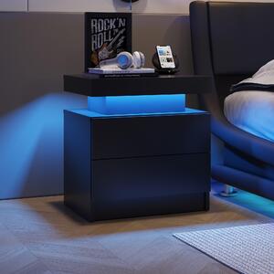 Space-Saving Nightstand with Adjustable LED Lights, 2 Drawers, Modern Bedside Table for Bedroom, Living Room, 49L x 35W x 52H cm, Black Aosom.UK