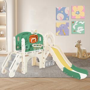 Children's Climbing Frame with Slide and Stair, Play Equipment with Basketball Hoop and Storage Box, Easy Assembly, 153x186x111 cm, Green Aosom.UK