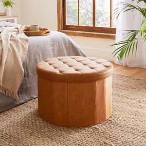 Faux Leather Large Round Ottoman Tan