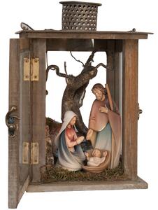Wooden Lantern with Nativity Crib and Family M 15cm