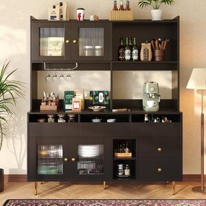 Multi-Layered Storage Cabinet with Glass Doors, Wine Glass Holder, Versatile Storage Unit with Raised Design, 145L x 39W x 171H cm, Black Aosom UK
