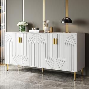Wave Front Sideboard with 4 Doors & 2 Drawers, Gold Handles & Feet, Modern Buffet Storage Cabinet for Home Storage, 152x40x75 cm, White Aosom UK