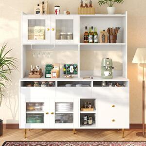 Multi-Purpose Storage Cabinet with Glass Door, Wine Glass Holder, Metal Handles, Multi-Layered Storage Unit, 145L x 39W x 171H cm, White Aosom UK
