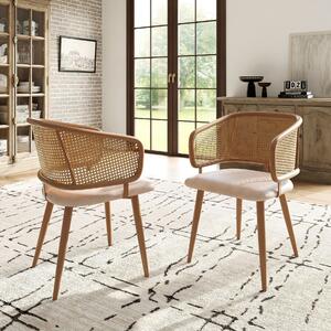 Set of 2 Mid Century Dining Chairs with PU Leather Seat, Rattan Backrest, Modern Dining Chairs with Wood Grain Iron Legs for Dining Room, 51L x 54W x 79H cm, Beige Aosom UK