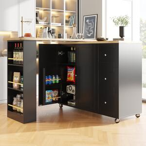 Kitchen Island with Snack Rack & Three Drawers, 360° Swivel Dining Table with Castors, 209L x 39W x 104H cm, Black Aosom UK
