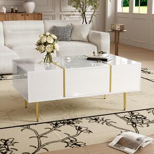 Morden Coffee Table with 2 Drawers, Easy Cleaning, Practical Storage, High-gloss Sofa Table for Living Room, 100L x 60W x 41.5H cm, White Aosom UK