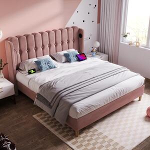 Upholstered Velvet Double Bed with USB and Type-C Charging Ports, Wooden Slatted Frame, Comfortable and Skin-Friendly Teenager Bed, Pink Aosom UK