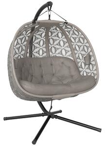 Outsunny Outdoor Double Hanging Chair, Swing Chair with Metal Stand, Thick Padded Cushion, Foldable Basket Cup Holders for Indoor Outdoor, Sand Brown