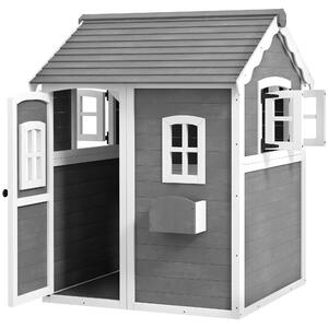 Outsunny Kids Wooden Playhouse with Doors, Windows, Plant Box, Grey