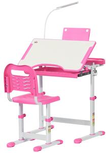 HOMCOM Kids Desk and Chair Set, Height Adjustable Study Desk with USB Lamp, Storage Drawer for Study, Pink and White