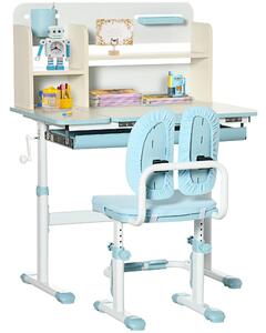 HOMCOM Kids Desk and Chair Set, Height Adjustable School Desk & Chair Set w/ Shelves, Washable Cover, Anti-Slip Mat, for Kids Aged 3-12, Blue