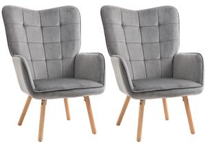 HOMCOM Velvet-Touch Modern Accent Chair, Tufted Wingback Armchair, Wood Legs Leisure Lounge Sofa Club Chair, Set of 2, Grey