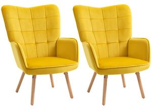 HOMCOM Modern Accent Chair Velvet-Touch Tufted Wingback Armchair Upholstered Leisure Lounge Sofa Club Chair with Wood Legs, Set of 2, Yellow