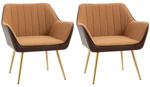 HOMCOM Velvet Armchairs, Upholstered Accent Chairs with Golden Steel Legs, Modern Vanity Chairs for Living Room and Bedroom, Set of 2, Light Brown