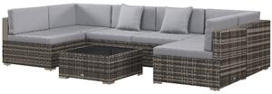 Outsunny 7 Pcs PE Rattan Garden Furniture Set w/ Thick Padded Cushion, Patio Corner Sofa Sets w/ Glass Coffee Table & Pillows, Mixed Grey