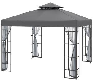 Outsunny 3 x 3(m) Patio Gazebo Canopy Garden Pavilion Tent Shelter with 2 Tier Roof and Mosquito Netting, Steel Frame, Grey