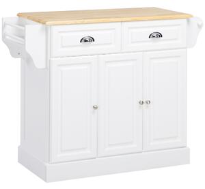 HOMCOM Kitchen Island with Storage Rolling Kitchen Serving Cart with Rubber Wood Top Towel Rack Storage Drawer Cabinet White