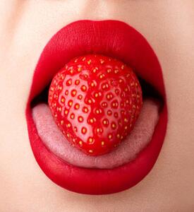 Photography Woman mouth extreme close-up. Strawberry on, Andrei Ureche, (35 x 40 cm)