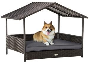 PawHut Rattan Dog House, Elevated Wicker Pet Bed Lounge with Removable Cushion and Canopy, for Small and Medium Dogs, 98 x 69 x 73cm - Grey