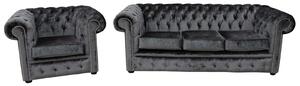 Chesterfield 3 Seater + Club Chair Sofa Suite Boutique Storm Black Velvet Fabric