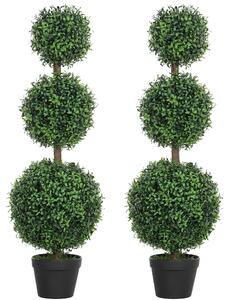 HOMCOM Set of 2 Decorative Artificial Plants, Topiary Ball-shaped Boxwood Trees in Pot, Fake Plants for Home Indoor outdoor Decor, 100cm, Green