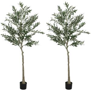 HOMCOM Set of 2 6ft/ 180cm Decorative Artificial Plant, Silk Olive Tree with 900 Leaves and 40 Olive Fruits in Pot, Fake Plant for Home, Office, Living Room, Indoor Decor
