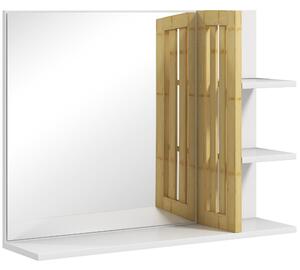 HOMCOM Bamboo Panel Bathroom Mirror, with Shelves - White
