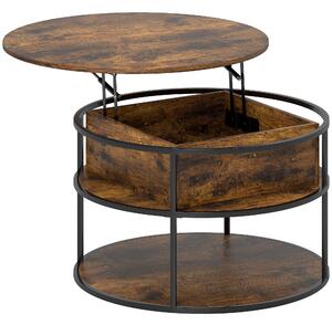 HOMCOM Lift Top Coffee Table, Round Coffee Table with Storage Shelf, Hidden Compartment and Steel Frame for Living Room, Home Office, Brown