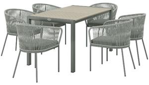 Outsunny Rattan Dining Set, 6 Seater Rattan Garden Furniture Set with Acacia Wood Top Rectangle Table, 6 Chairs, Washable Seat Cushions, for Outdoor, Patio, Conservatory, Grey