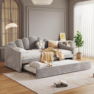 Upholstered Single Sofa Bed with Trundle, Velvet Sofa Bed Sleeper with Scalloped Cushion, Daybed Sofa Bed with Storage, 202x190x95 cm, Gray Aosom.UK