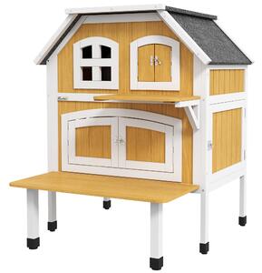PawHut Outdoor Cat Shelter 2 Tiers Wooden Feral Cat House with Openable Asphalt Roof, Escape Doors, Terrace, for 1-2 Cats